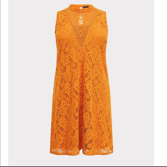 TORRID GOLDEN ORANGE YELLOW LACE TRAPEZE DRESS - Picture 3 of 7